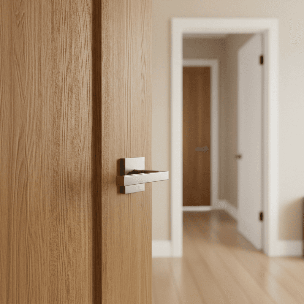 Hand turning a polished brass interior door knob with warm natural lighting