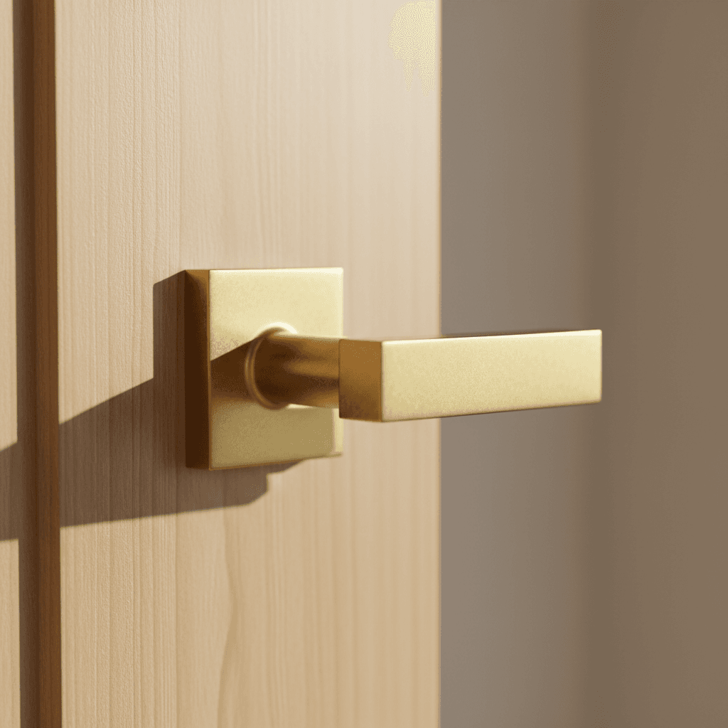 Close-up of a brass door knob on a painted wooden door