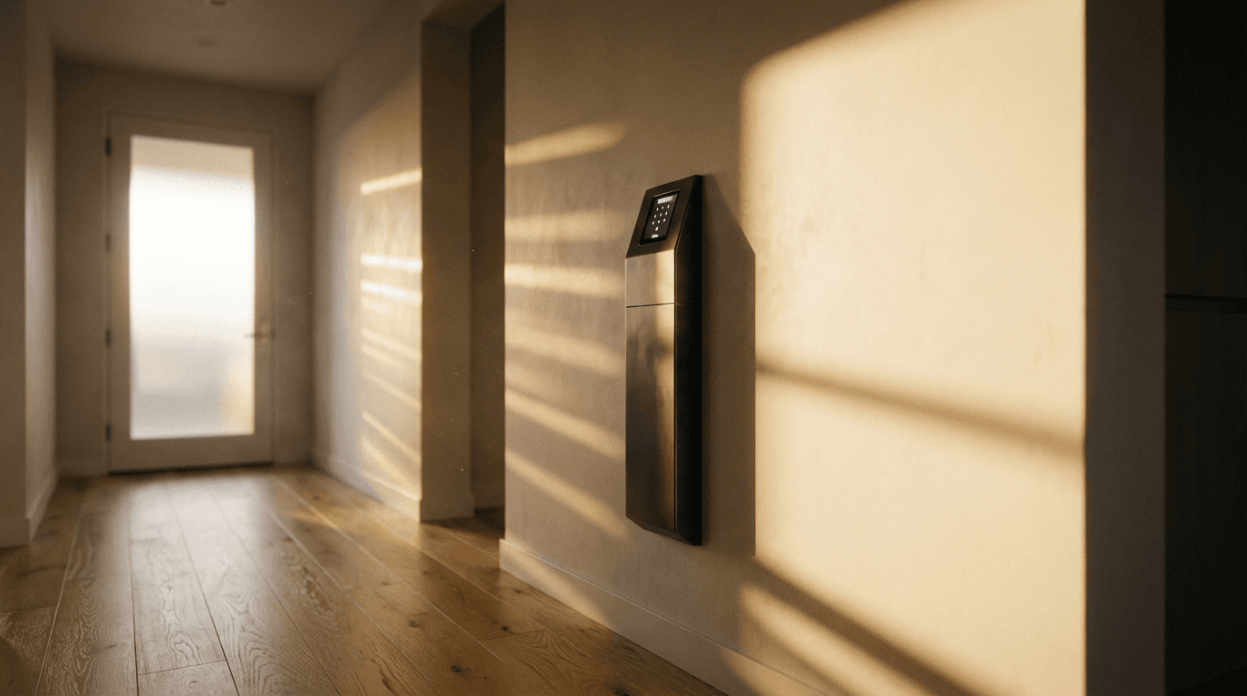 Residential hallway interior with multiple closed doors and clearly visible door knobs