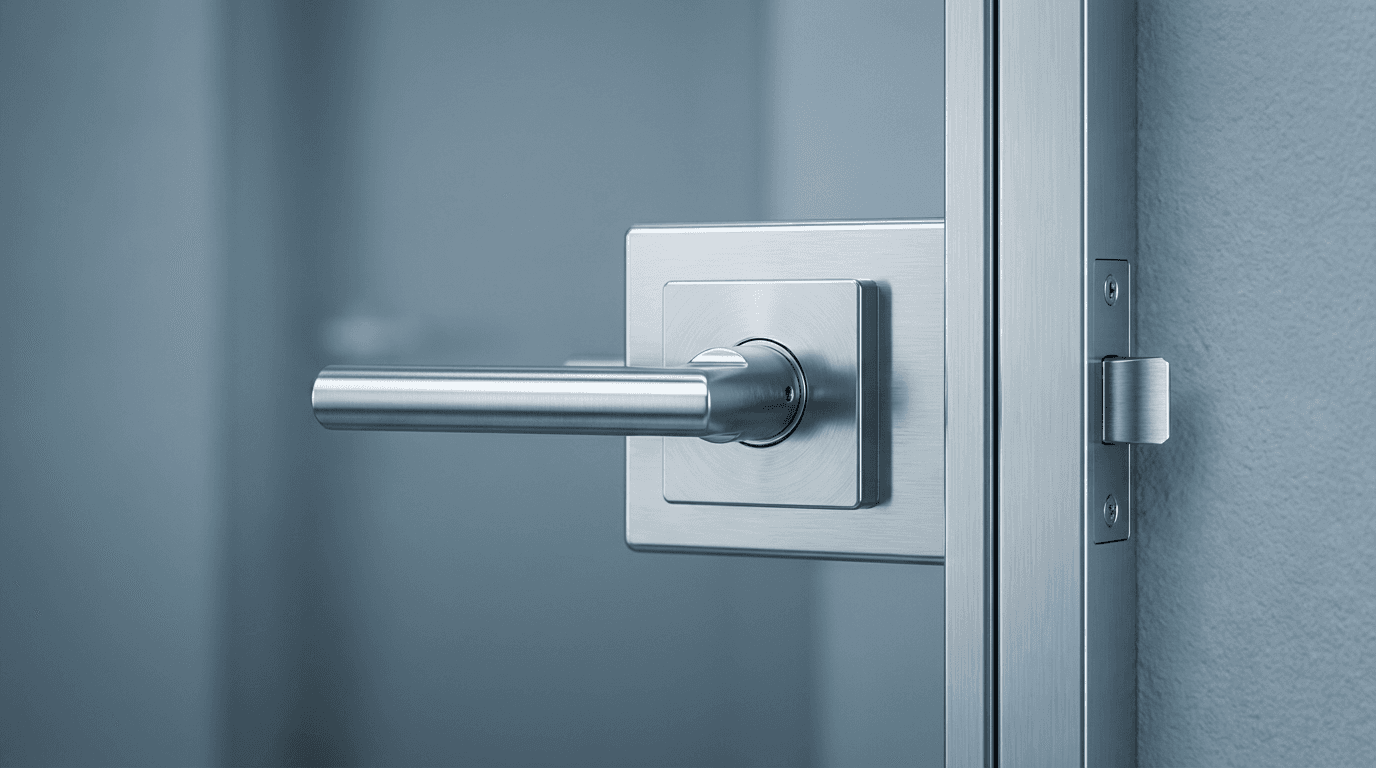 Close-up of a polished brass door knob on a painted interior door, soft window light, warm tones