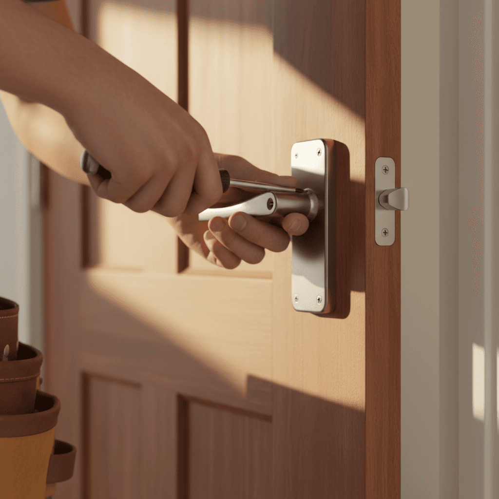 Hands installing a brass door knob on a wooden interior door